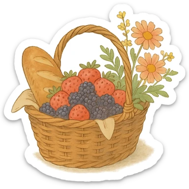 picnic basket with berries, bread, and flowers in warm pastel shades, soft Ghibli style sticker