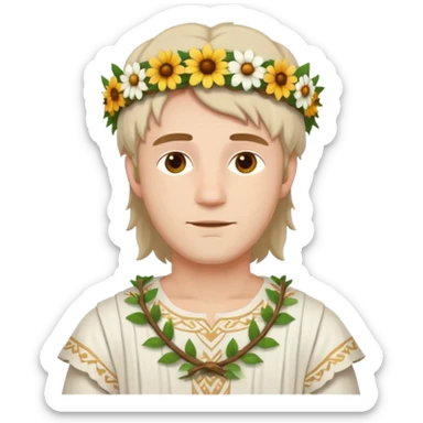 A guy with traditional clothes from midsummer festival, white tunica, flowers crown sticker