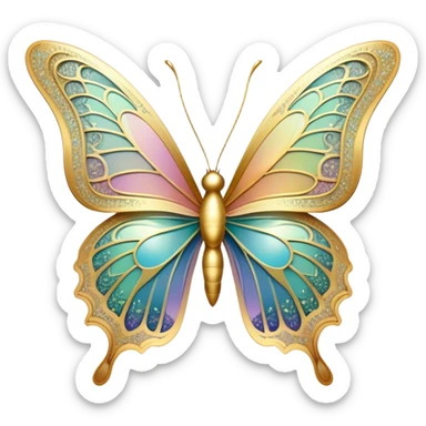 Pastel sparkly gold glittery iridescent rainbow transparent butterfly with detailed intricate patterns sticker