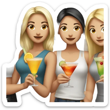 A blonde girl, another blonde girl, an Asian girl and a brown haired girl holding cocktails  sticker
