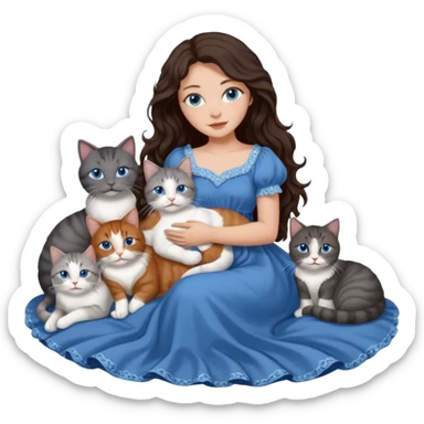 detailed realistic looking a dark grey and white cat regally laying with six other cats, cuddling with their owner in bed who is a pretty bratz lightly tanned white girl with long dark brown hair, blue eyes and gorgeous long wavy hair wearing a pretty detailed dress sticker