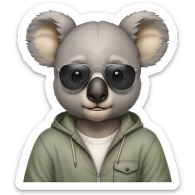 anthropomorphised koala, head and shoulders, casual clothing, dark sunglasses, fierce expression with different look sticker