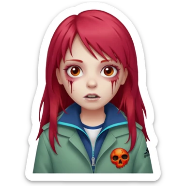 Crie um emoji de uma menina com bochecha gordinha com o cabelo vermelho longo com uma franja reta zumbi casaco de gola alta da adidas sticker
