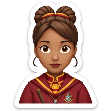 Angelina Johnson in harry potter, wear hogwarts gryfindor uniform,  thick, brown knot bun hair , reflecting her bold, stylish, and strong personality sticker
