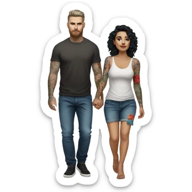 Hyper Realistic beautiful woman in the arms of a very handsome tattooed man walking  sticker