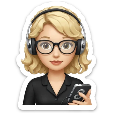 
gamer, woman with blond wavy hair, tight black dress with a white line with glasses, headphone, gamepad sticker