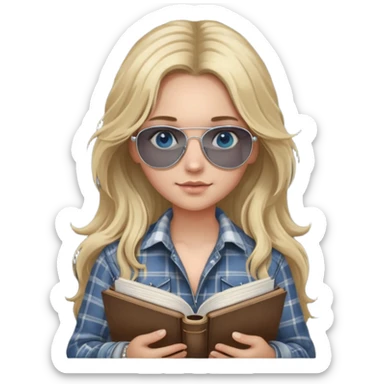 girl with long blond messy hair wearing grey plaid shirt with blue eyes and aviator sunglasses wearing a ring on her silver necklace, holding law books sticker