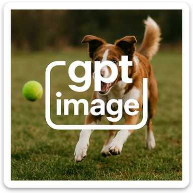  logo with text "gpt image" on the background of a dog chasing ball, realistic image sticker