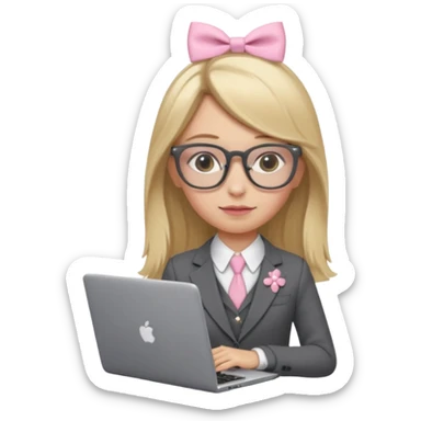 Please take the girl with laptop emoji and make her glassess light brown and her nose a bit smaller and pointier and she has blonde long hair and a dark grey suit and pearls, and has a laptop in fron of her and a tiny pink bow on the left side of her head sticker