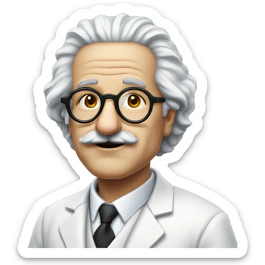 a scientist similar Albert Einstein, bald over head, with black hair on the sides of his head, a large black mustache and circle like sunglasses. Wearing a white suit. sticker