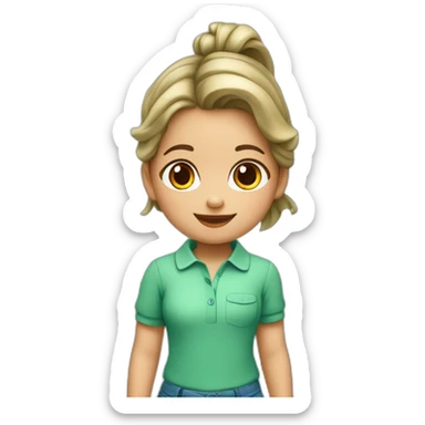 NIÑA DE 5 AÑOS CON PEINADO DE MOÑOS Y OVEROL AZUL POLO VERDE PASTEL sticker