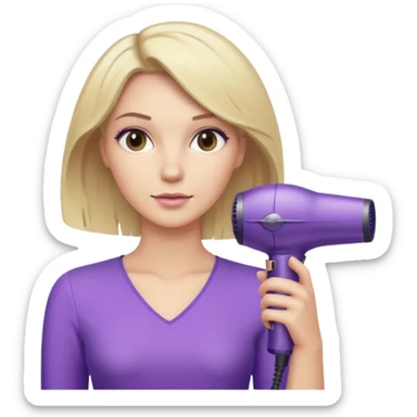blonde woman in beige blouse with a purple Dyson hair dryer, iOS emoji style sticker
