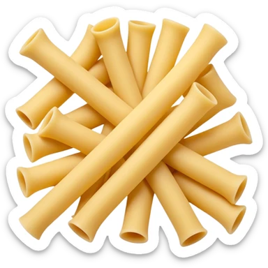 loose scatter of uncooked elbow-shaped pasta tubes in pale golden yellow, smooth matte texture, slightly curved forms, cleanly cut edges, surfaces subtly ribbed or plain, no plate, sauce, or packaging, soft lighting, subtle shadows, emoji scale sticker