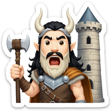 vikingo, con cuerno de vaca, pelo negro ondulado, de pie, grito de guerra en torre de Asgard. sticker