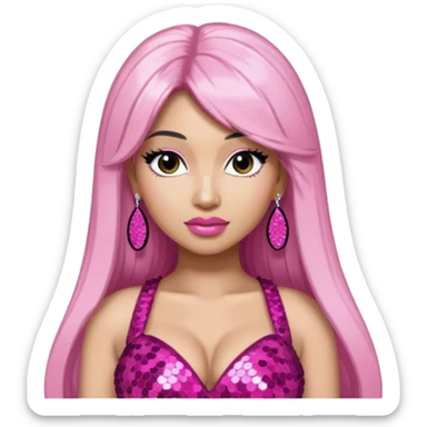 Nicki Minaj with long white black hair, dark pink sequin dress, pink earrings sticker