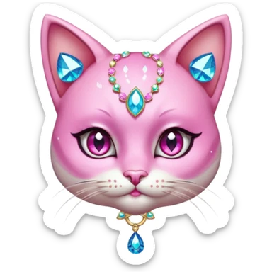 glamorous cat portrait, head and shoulders only, exaggerated pink makeup, bright eyeshadow, long eyelashes, shiny blush cheeks, sparkling face gems, glitter accents, elegant earrings, fantasy beauty style, cute 3D cartoon, mobile game icon style, clean background, no text, no watermark
 sticker