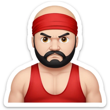 Close-up of extremely fat white skin guy with young face, prominent BLACK DURAG tied clearly on head, distinct black beard and mustache, no muscle, black eyes in a red and black wrestling singlet with angry face sticker