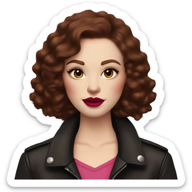 Woman with very pale skin, dark red curly short hair that is parted on the side, heavy cat-eye makeup, long eyelashes, bright pink blush and lipstick.  Her eyebrows are dark, arched and very high.  Hazel eyes. Big lips. Wearing a leather jacket  sticker