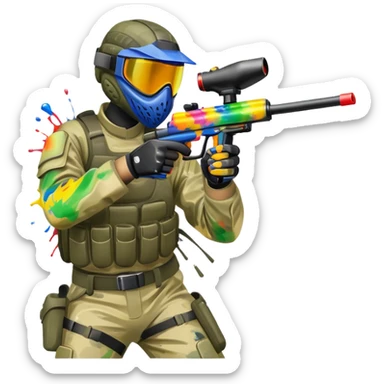 A paintball player in full gear, aiming a paintball gun with focus and determination. The scene includes vibrant splashes of paint and a dynamic battlefield setting, emphasizing action, strategy, and teamwork in a competitive environment sticker