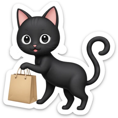 A cute chibi-style black cat emoji in side view like 🏃, running on two legs while holding a shopping bag. Short limbs, small body proportions (SD character style), round head, big expressive eyes, minimalist emoji design, soft colors, vector look. sticker