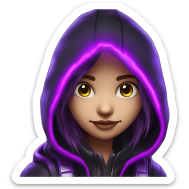 Girl developer behind his laptop with this style : Crytek Crysis Video game neon glowing bright purple character purlple black hooded hacker themed character sticker