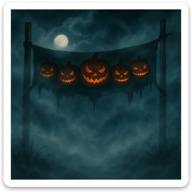 Add thick fog and swirling mist throughout the scene to enhance the creepy atmosphere, keep all other details unchanged. sticker