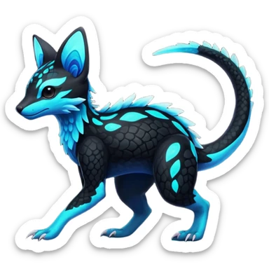 Rare realistic black-scaled neon-glowing bioluminescent edgy badass epic pretty beautiful handsome gorgeous aesthetic colorful vibrant Vernid-Trico-species-Fakemon-creature by LiLaiRa, 4 legs, 1 tail, random markings, (full body) sticker