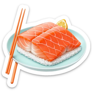 Cute Kawaii Sashimi Slice, delicate and fresh, bright orange salmon with soft pastel textures, an adorable happy face, tiny chopsticks lifting it, gentle glowing highlights! sticker