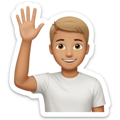 joven bronceado corte de pelo muy cortito polera blanca sonrisa bonita saludando mano arriba sticker