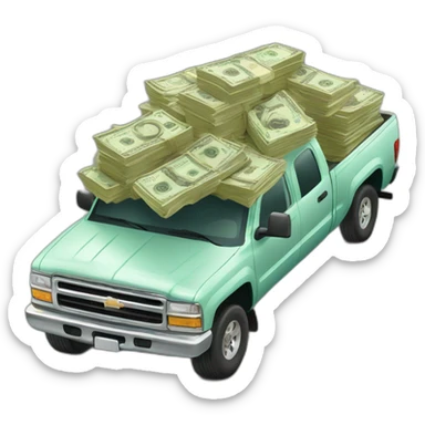 big pile of cash being transported on the back of a pickup truck sticker