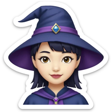 an asian short haired girl with short raven hair with bangs, with her silver left eye and dark brown right eye, with cat-eyed eyeliner, and grinning with her tiny fang of mauve toned lipstick, with dark navy wizard hat with an emblem on her hat. sticker