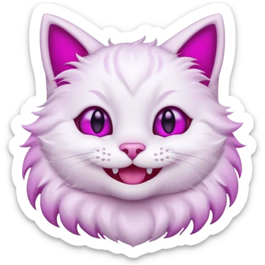 White cat smiling with teeth showing, pink inner ears, magenta purple eyes, looks like discord's Smiling Cat emoji sticker