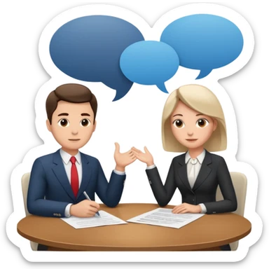 Two people sitting at a table with a large contract or paper between them and speech bubbles above, symbolizing negotiation and agreement signing. sticker