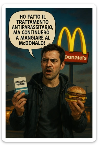 A realistic, cinematic illustration of a man in his early 30s with a confused yet stubborn expression, standing outside a McDonald's at dusk, holding a small box labeled 'Antiparasitic Treatment' in one hand while holding a large McDonald's burger in the other. He is mid-sentence, saying 'Ho fatto il trattamento antiparassitario, ma continuerò a mangiare al McDonald!' in an expressive speech bubble. The man wears casual streetwear, and behind him, the McDonald's golden arches glow under a neon-lit sky. The mood is ironic and educational, highlighting the contradiction of doing parasite cleanses while continuing unhealthy fast-food habits. The style is realistic with slight illustrative clarity, emphasizing the message humorously while maintaining a serious undertone about lifestyle choices and health in italiano sticker