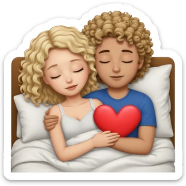 cuddling in bed, asleep. wavy haired blonde girl. curly haired dark brown hair man. eyes closed. heart between them. no headboard sticker