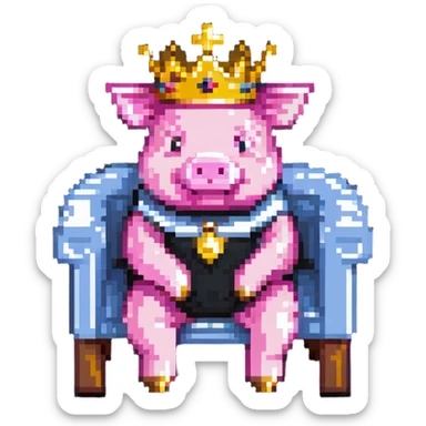 simple ultra-low pixel count pixel art of a pig with a golden crown sitting on a throne, blocky and square like Minecraft sticker