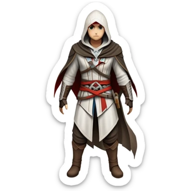 An icon representing an adventure game, inspired by Assassin's Creed. The design features a heroic character in hooded attire, scaling a tall building in a historical cityscape. The background shows ancient architecture and hidden symbols, symbolizing exploration and stealth. Transparent background  sticker