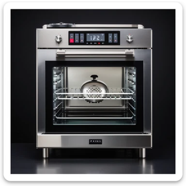 Ein mechanischer Bäcker mit Edelstahlkörper, eingebautem Rührarm, LED-Anzeigen und Touchscreen-Ofen. Die UI ist aus gebürstetem Metall, mit Schrauben, Schaltern und digitalen Displays im Retro-Stil. sticker