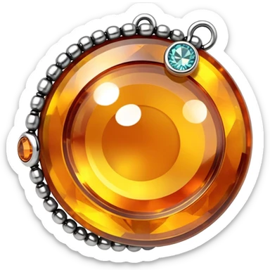 extreme close up of a round cut holographic amber charm with silver metal accent and crystal beaded chain sticker