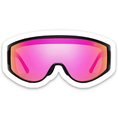 sporty neon pink shield visor sunglasses with thick black frame and integrated elastic strap, oversized one-piece mirrored lens, extremely durable design sticker