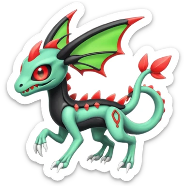 Obsidian-black and neon-glowing-green skeletal Meloetta-Salandit-Noivern-Zygarde-Pokémon-Fakémon-creature-fusion-hybrid with glowing crimson-red evil slit eyes sticker