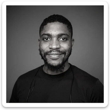A professional portrait of me in monochrome. Plain black crew neck shirt. Tailored to LinkedIn. Tech boy vibe (programmer). I’m a black man from Nigeria. Retain facial features from attached image. Smooth skin. No accessories. sticker