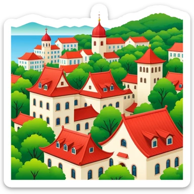 Qingdao European style buildings in Badaguan area with red roof and green trees, simplified emoji style with bold outlines and bright colors, cartoon style German architecture sticker
