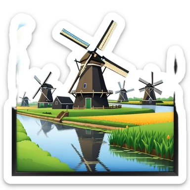 cinematic-realistic-kinderdijk-windmills-landmark-emoji,-showcasing-traditional-dutch-windmills-aligned-along-a-tranquil-canal,-with-lush-green-fields in a picture frame sticker