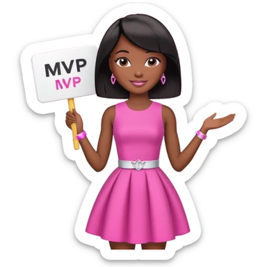 Black barbie, short  black bob  hair, pink dress with a sign that says mvp sticker