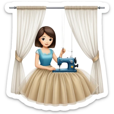 A picture where a brunette seamstress of about 40 years old is sewing a beautiful transparent tulle curtain. sticker