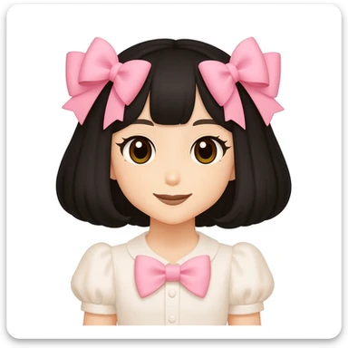 Create a cute girl similar to the reference image but with black hair in a bob cut (chanel style), pink bows in the hair, coquette style. Keep the same expression and outfit as the reference. The style should match the reference image's look and feel. sticker