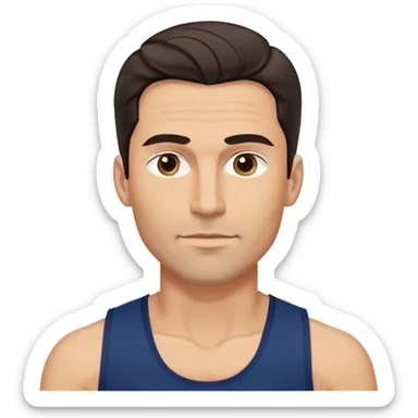 Youthful-looking athletic 40-year-old man with light brown skin, elongated face, defined jawline, attractive features, medium dark eyes, arched eyebrows, straight nose, confident expression, medium wavy dark hair with modern style, wearing a navy blue tank top sticker