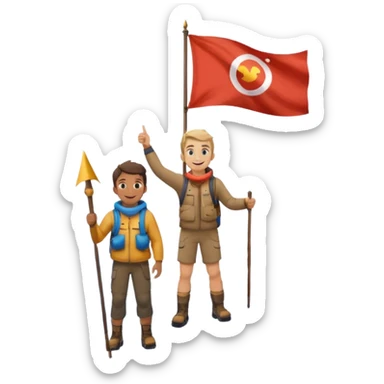 happy guy standing on a mountain peak, mountain visible under his legs, some snow, holding a flag sticker