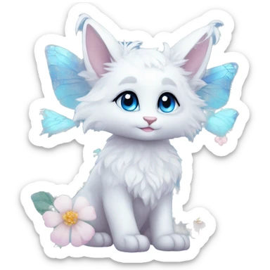 Anthro Cute Cool Kawaii gorgeous sparkly ethereal white fantasy animal creature with blue eyes furry sona with flowers and butterflies beautiful aesthetic sticker